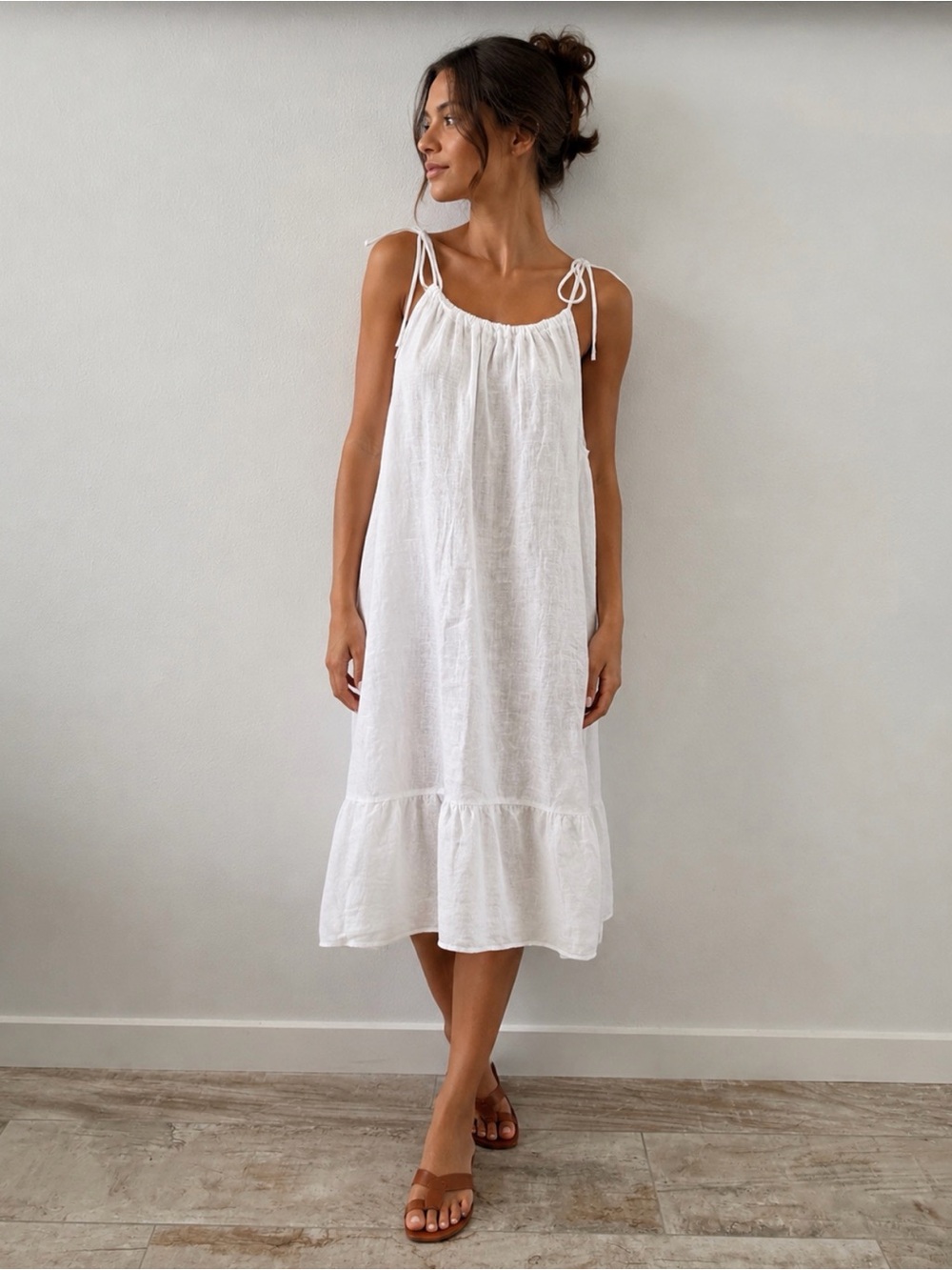 White Tie-Shoulder‎ Midi Dress